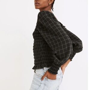 Madewell Lucie Bubble-Sleeve Smocked Top in Plaid - S